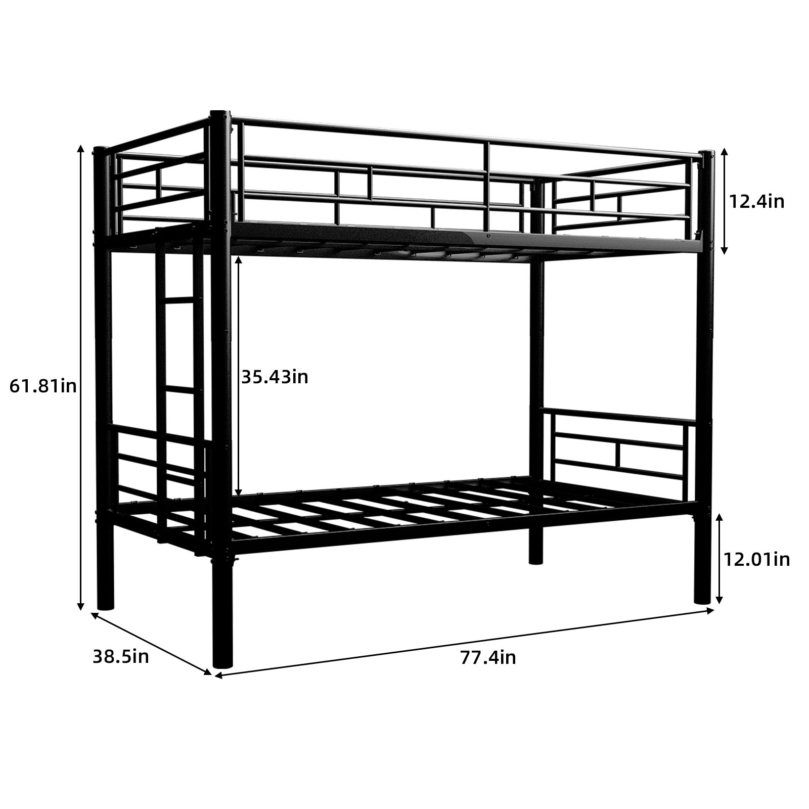 Twin Over Twin Bunk Bed For Kids, Convertible Frame With Ladders & Guardrail - Black - Image 3