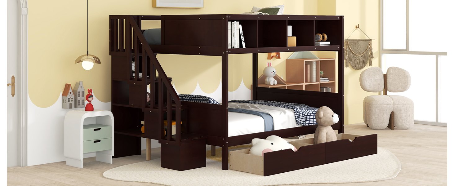 Twin Over Full Bunk Bed With Shelfs, Storage Staircase And 2 Drawers - Espresso - Image 15