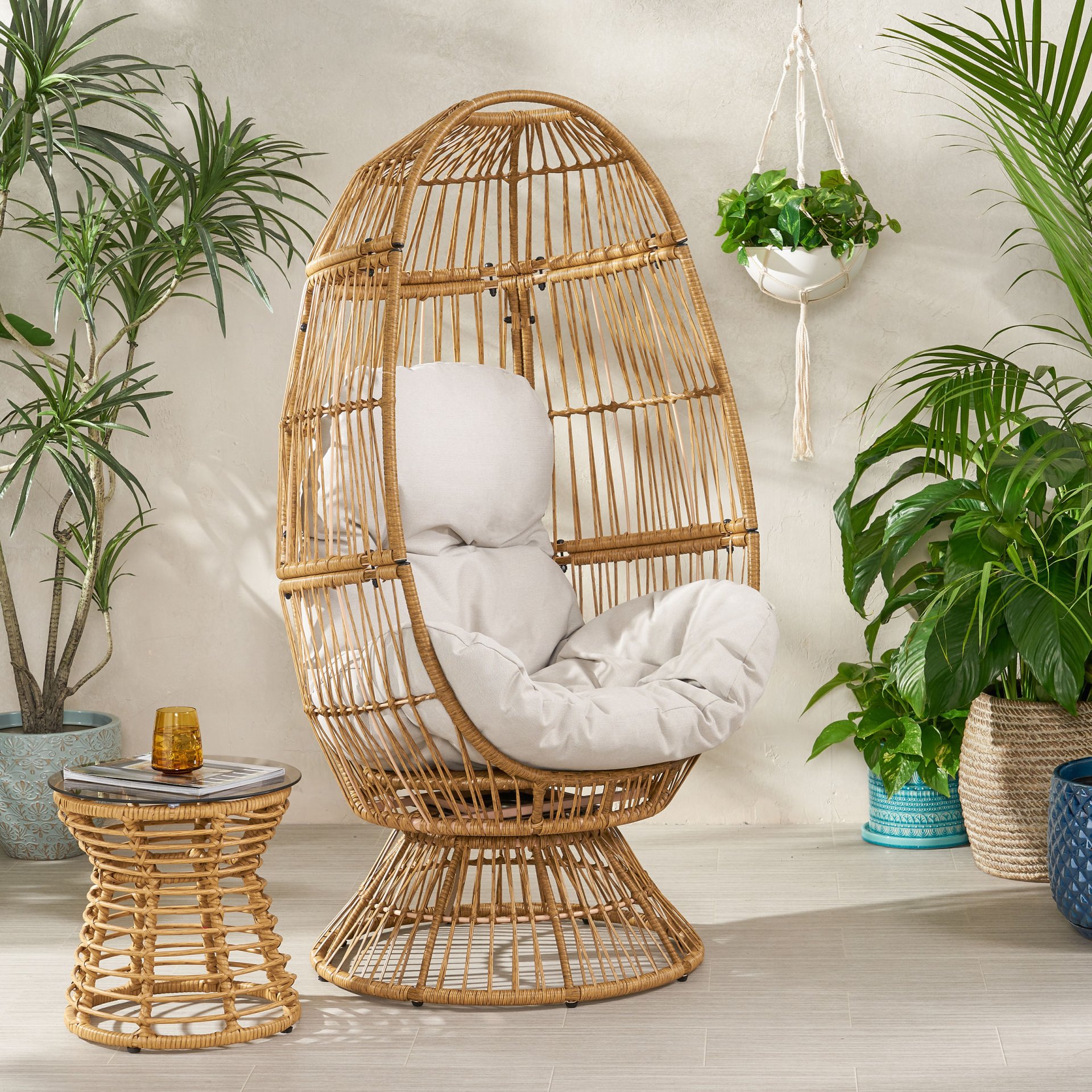 Patio Swivel Basket Egg Chair With Cushion - Natural - Image 5