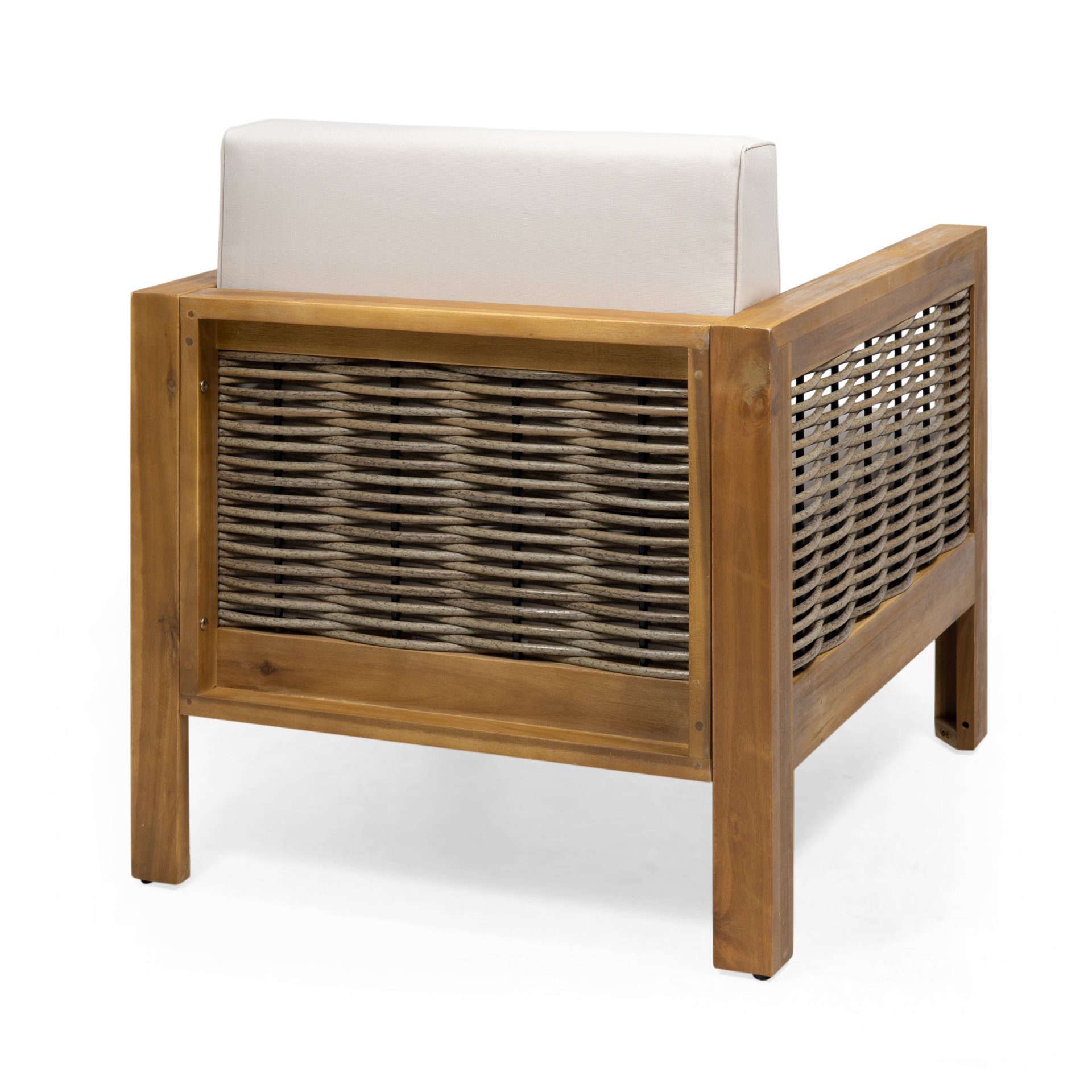 Outdoor 4 Seater Acacia Wood Chat Set With Wicker Accents And Cushions - Teak / Mixed Brown / Beige - Image 14