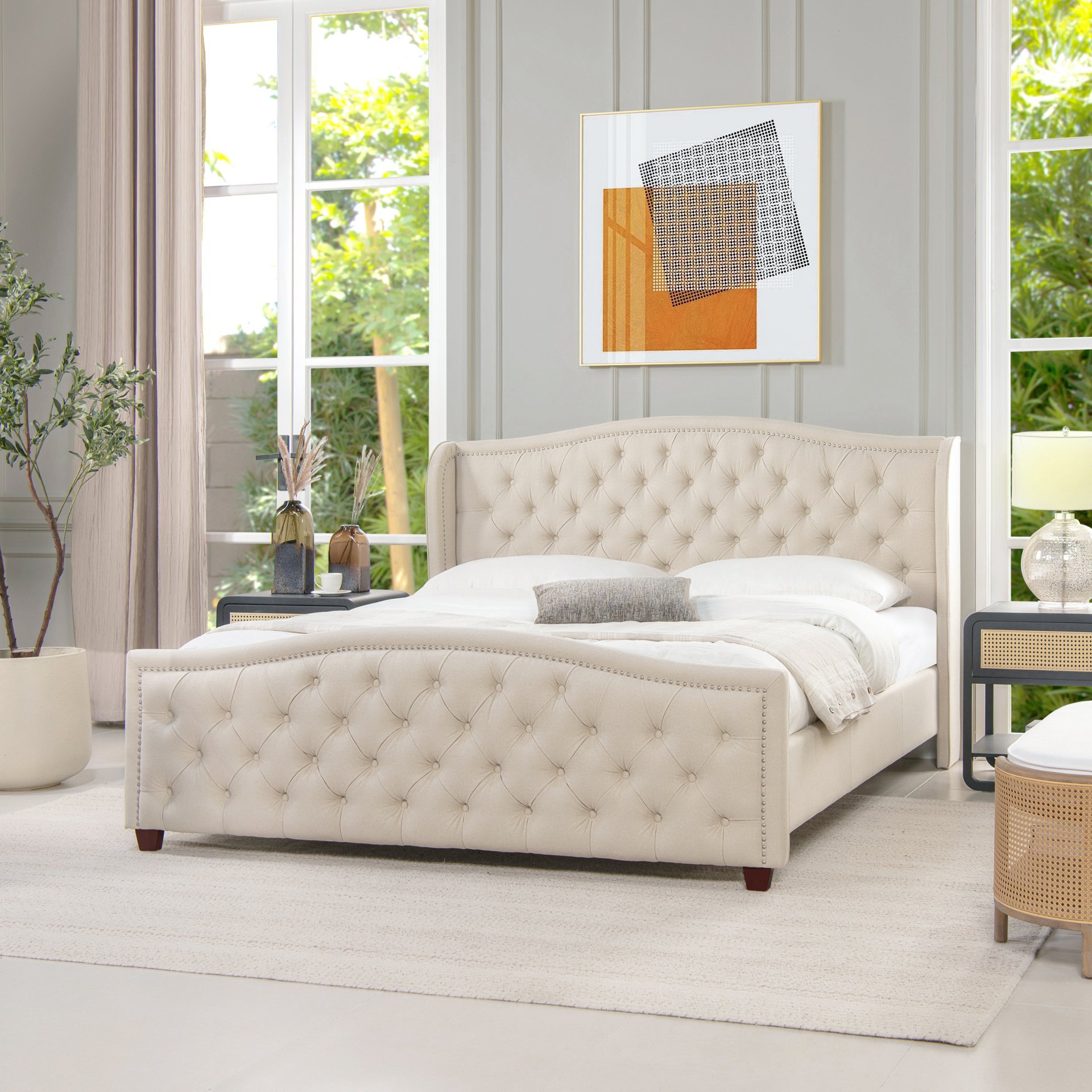Fontana - King Wingback Upholstered Platform Bed Frame - Sky Neutral Beige - Image 4