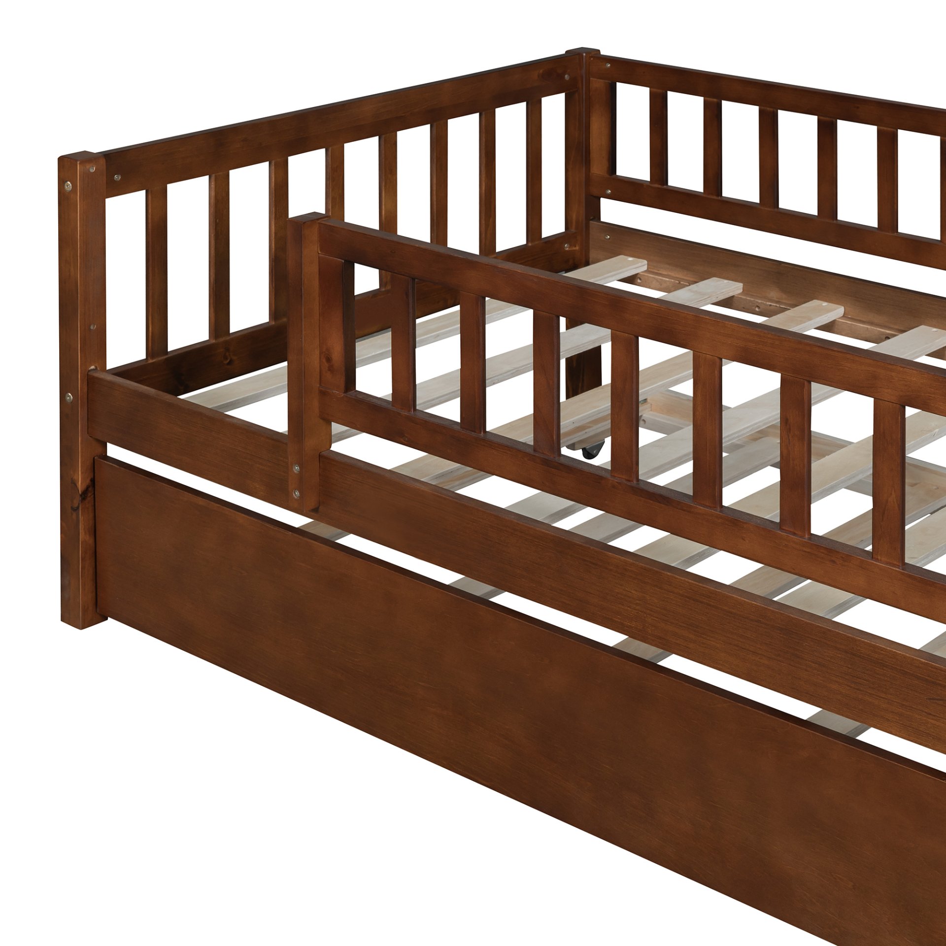 Twin Size Daybed With Trundle And Fence Guardrails - Walnut - Image 8