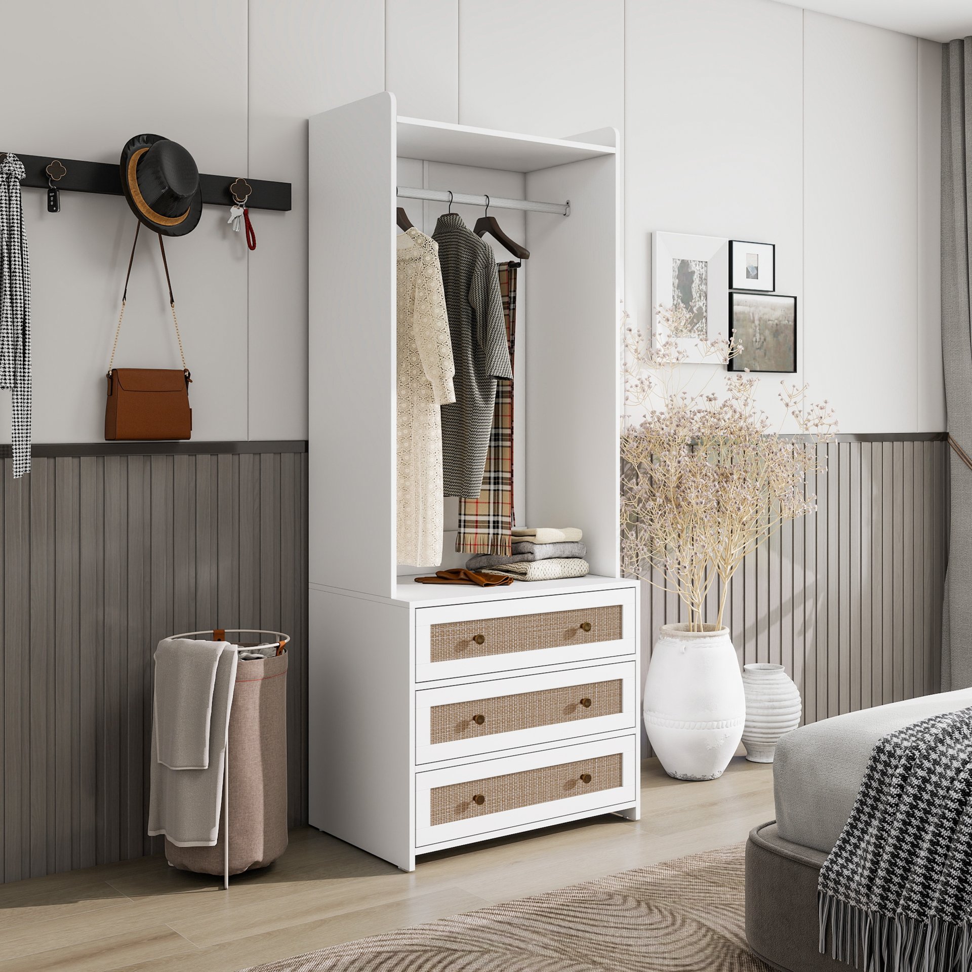 Wardrobe With 3 Drawers High Wardrobe Armoire With Rattan For Living Room Organizer - White - Image 4