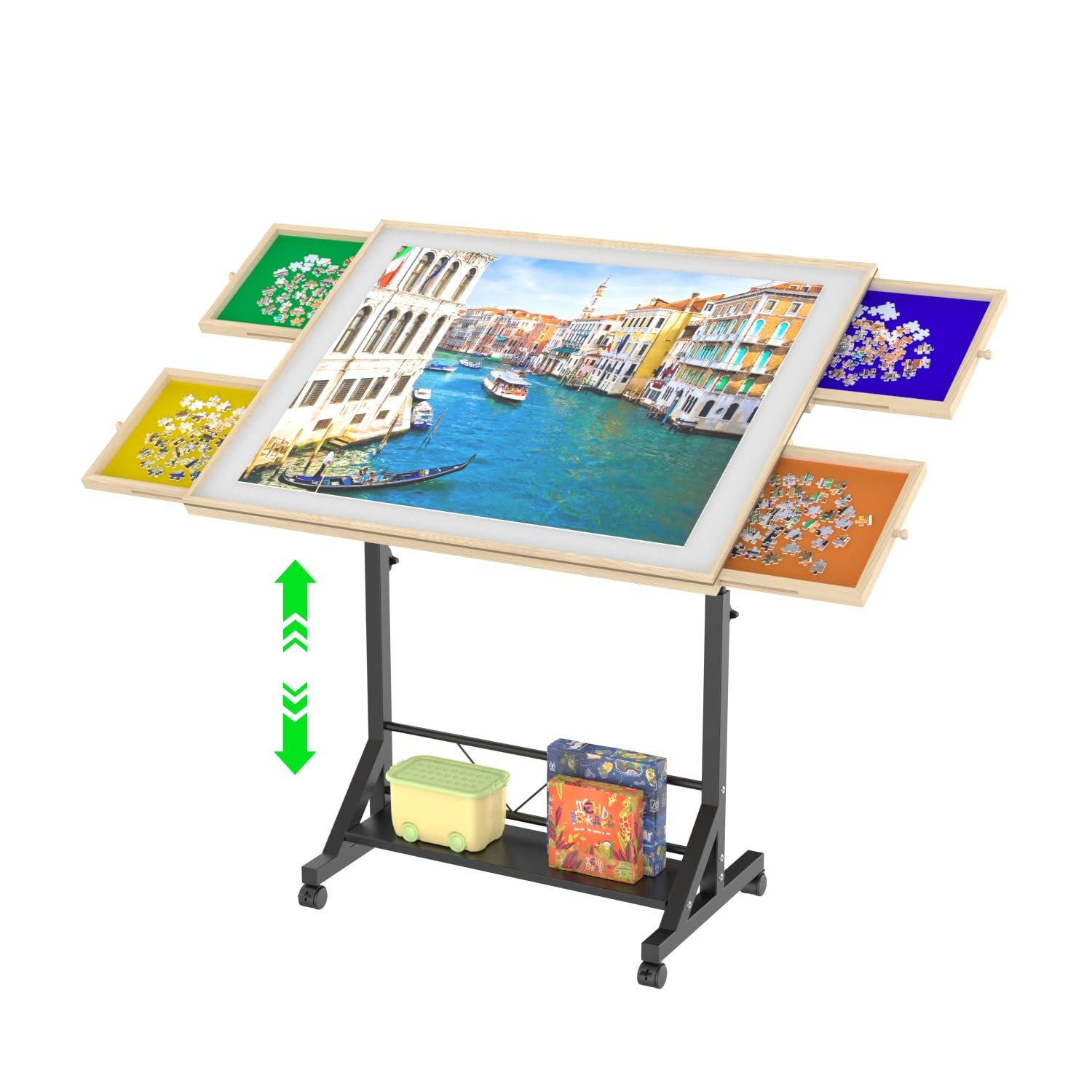 360 Degree Tilting Wooden Puzzle Table With 1500 Pieces, Rolling Design With Adjustable Height, Drawer, And Protective Cover - Black / Natural Wood - Image 10