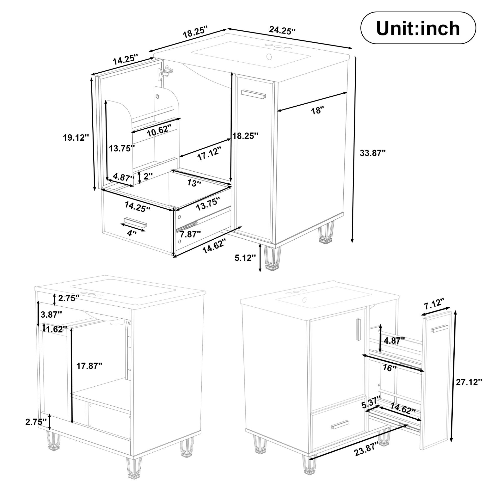 Solid Wood And 24" Bathroom Vanity With Sink, Deep Drawer, Door Shelf, 2 Tier Basket - Green - Image 3