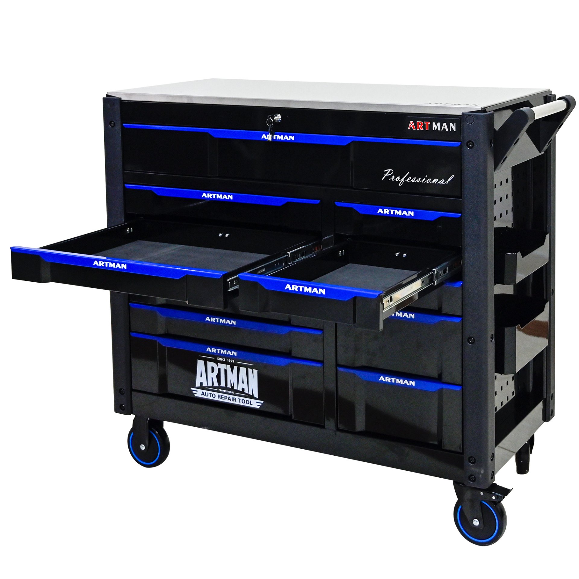 12 Layer Drawer Multi Purpose Tool Cart With Wheels And Iron Top - Black / Blue - Image 7