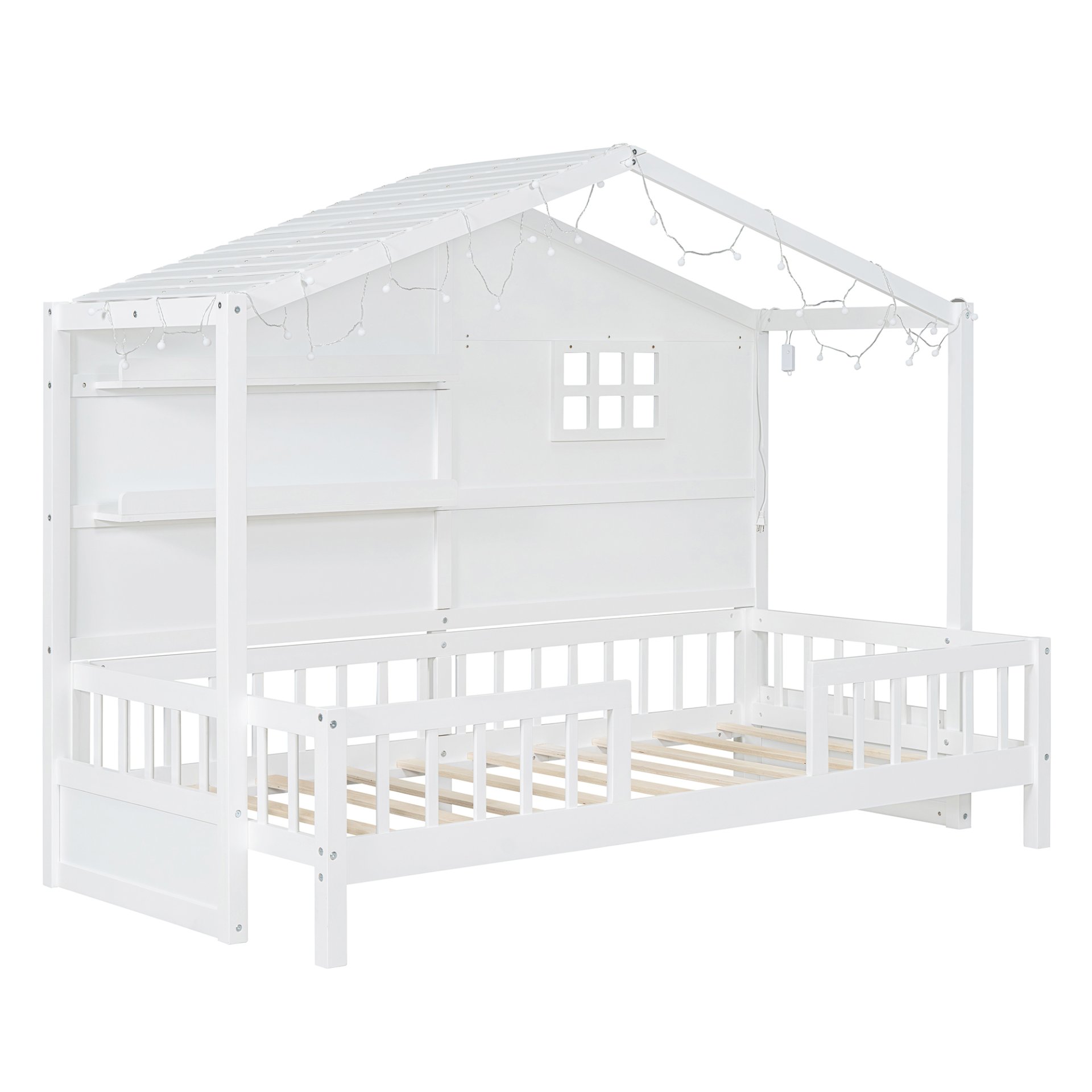 Twin Size House Bed With Shelves, Window And Sparkling Light Strip On The Roof - White - Image 7