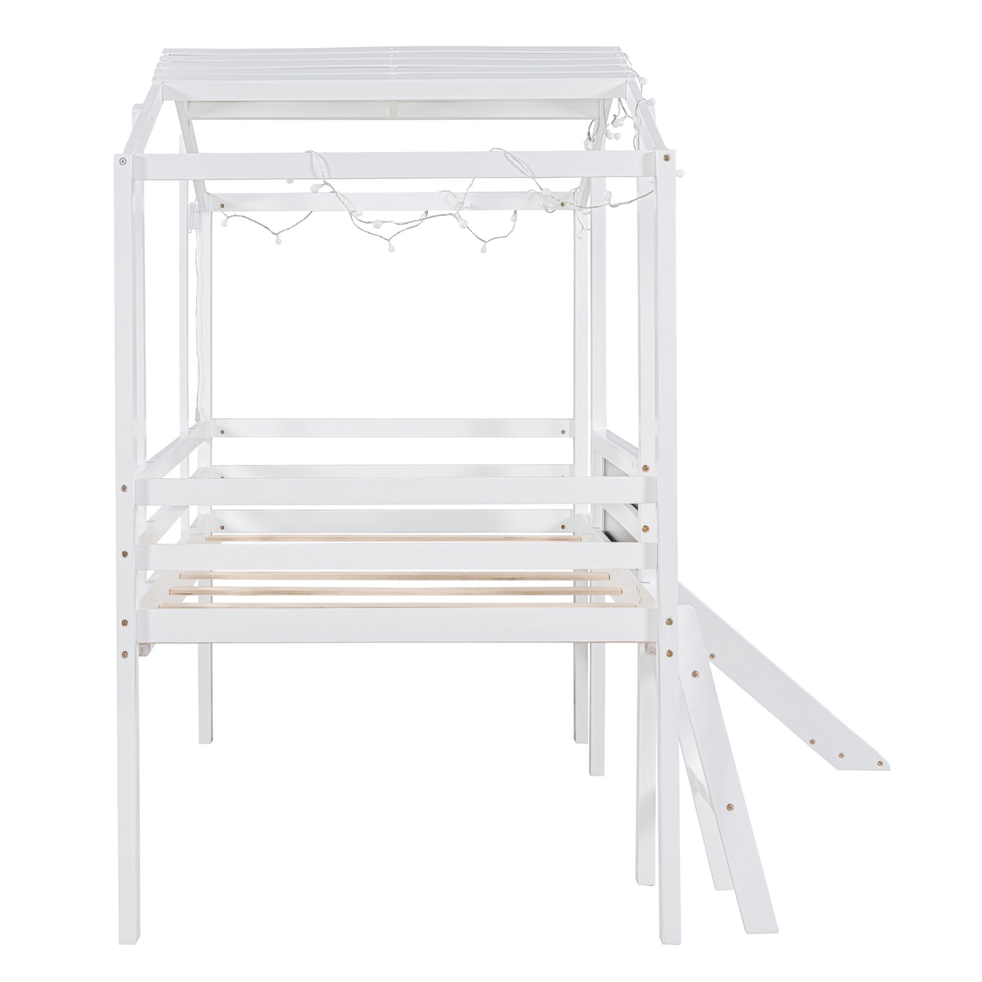 Twin Size Loft House Bed With Ladder And Slide, With Blackboard And Light Strip On The Roof - White - Image 11