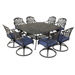 Square 8 Person 64" Long Aluminum Dining Set With Cushions With Swivel And Rocking Chairs - Gray / Navy