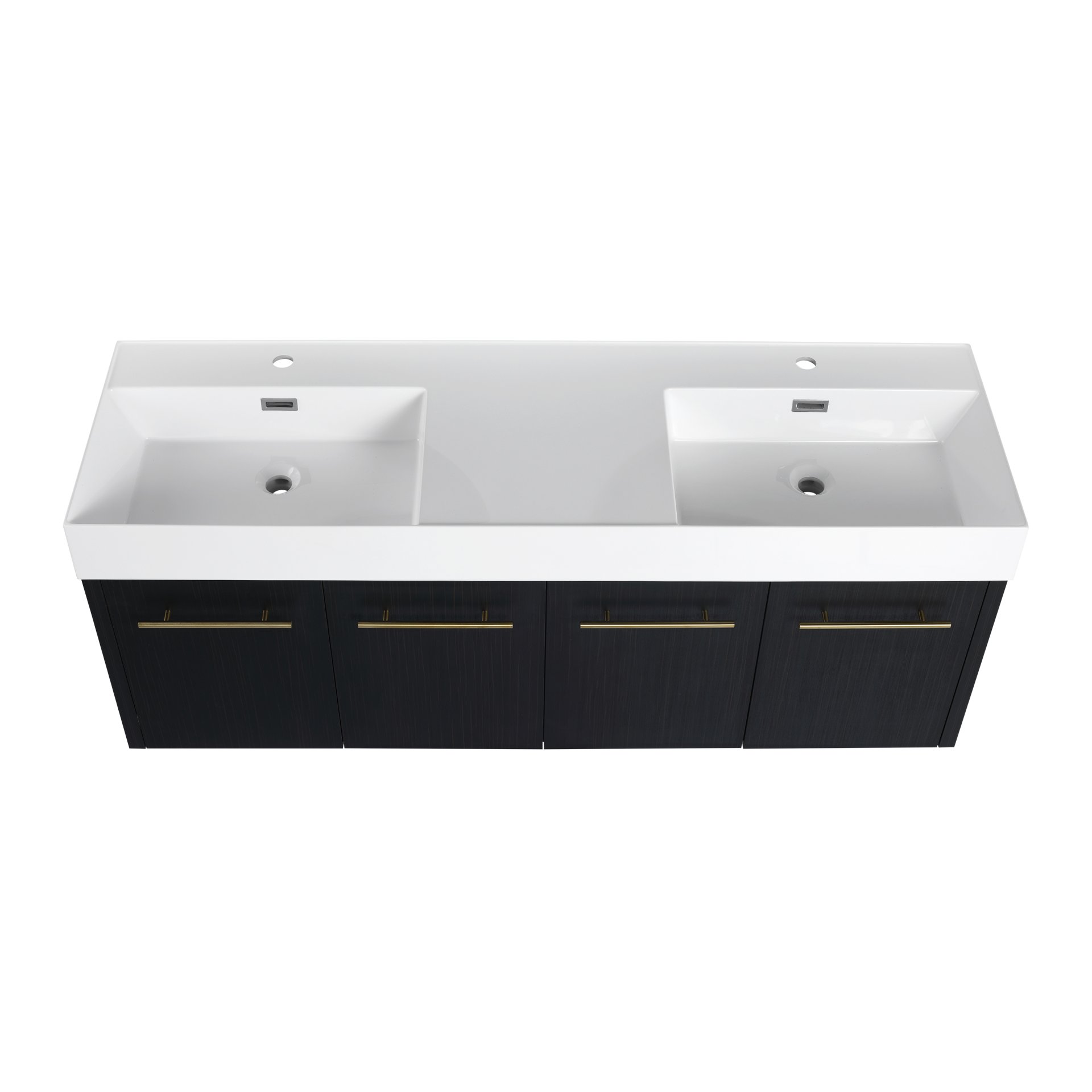 Modern Wall Mounted Bathroom Vanity With Double Resin Sink And Storage Rack - Black Chestnut - Image 15