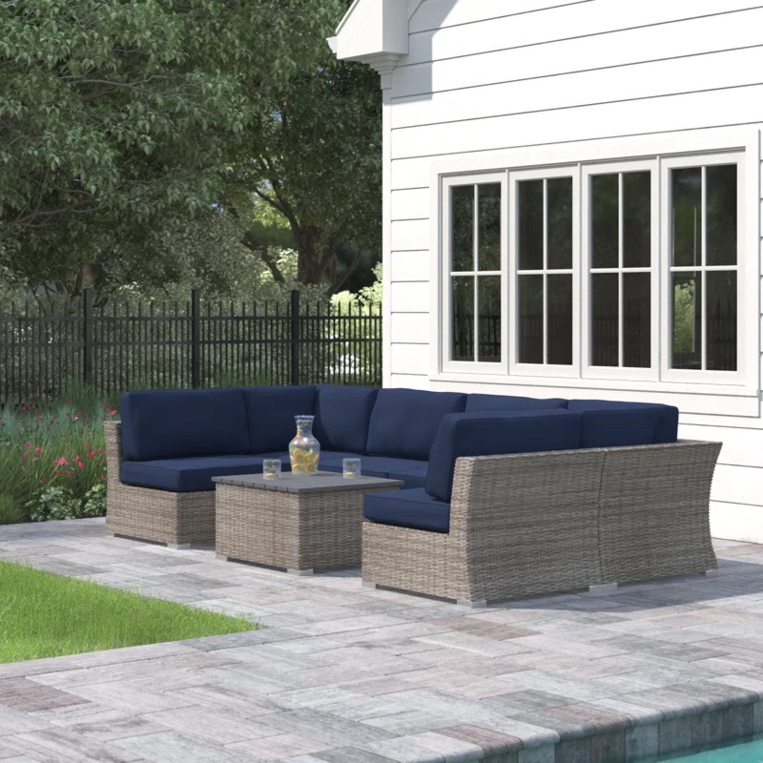 4 Person Wicker Seating Group With Sunbrella Fabric - Gray Mix / Navy Blue - Image 2