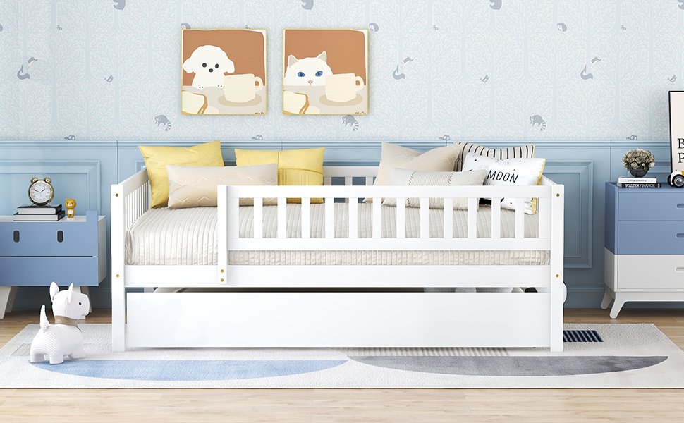 Full Size Daybed With Trundle And Fence Guardrails - White - Image 16