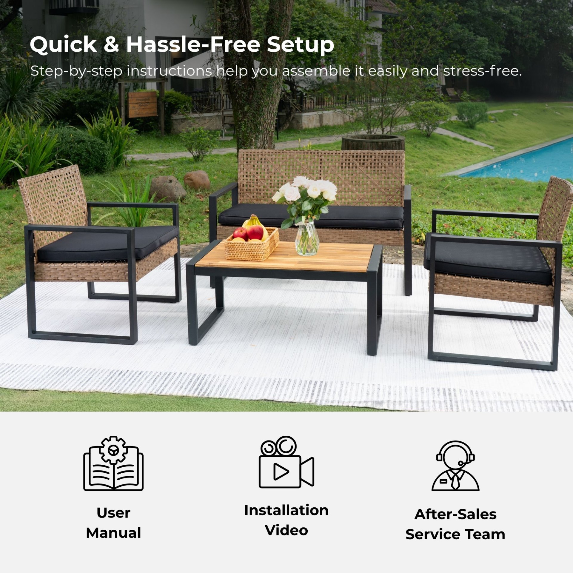 4 Piece Patio Furniture Set Outdoor Balcony Porch Garden Backyard Lawn Furniture Acacia Wood Table Top, Morden - Black And Light Brown - Image 9