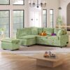 Convertible Sofa Bed Sectional Sofa Sleeper L-Shaped Sofa With A Storage Ottoman, Two Pillows, Two Power Sockets And Two USB Ports For Living Room - Green - Image 2