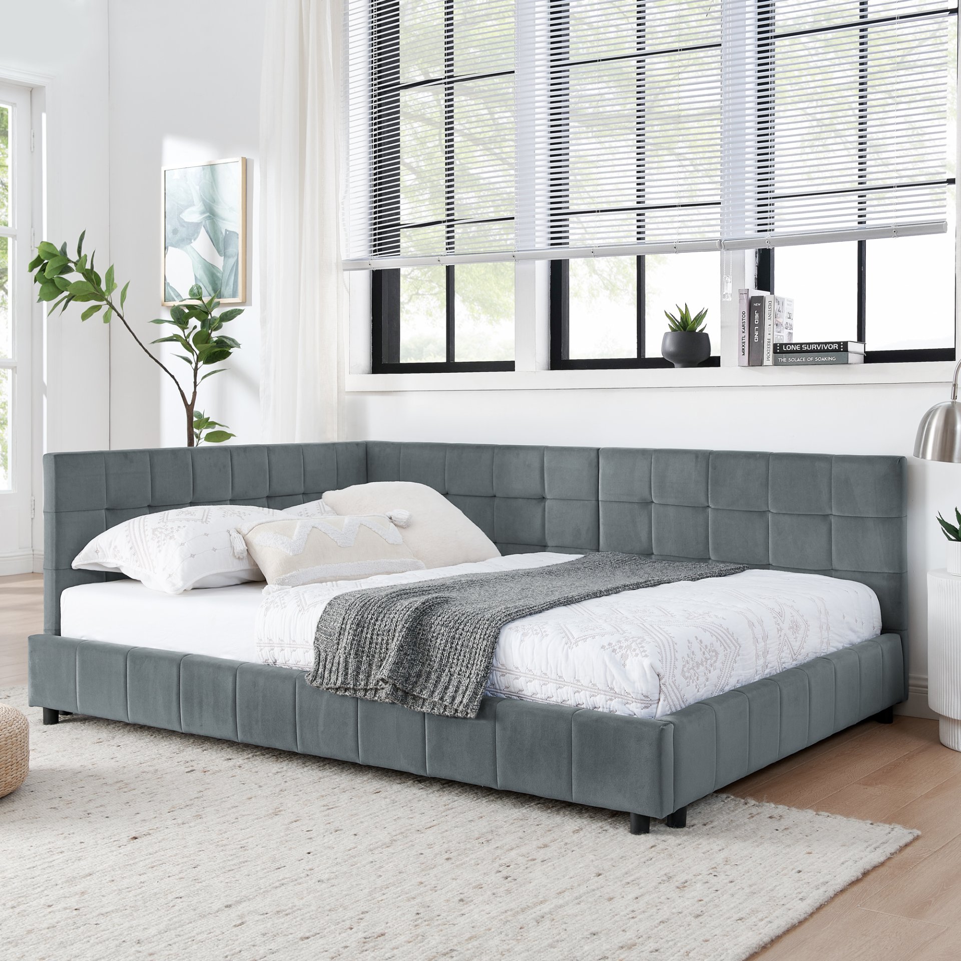 Velvet Full Size Upholstered Tufted Bed Frame With Backrest And Armrests - Gray - Image 5