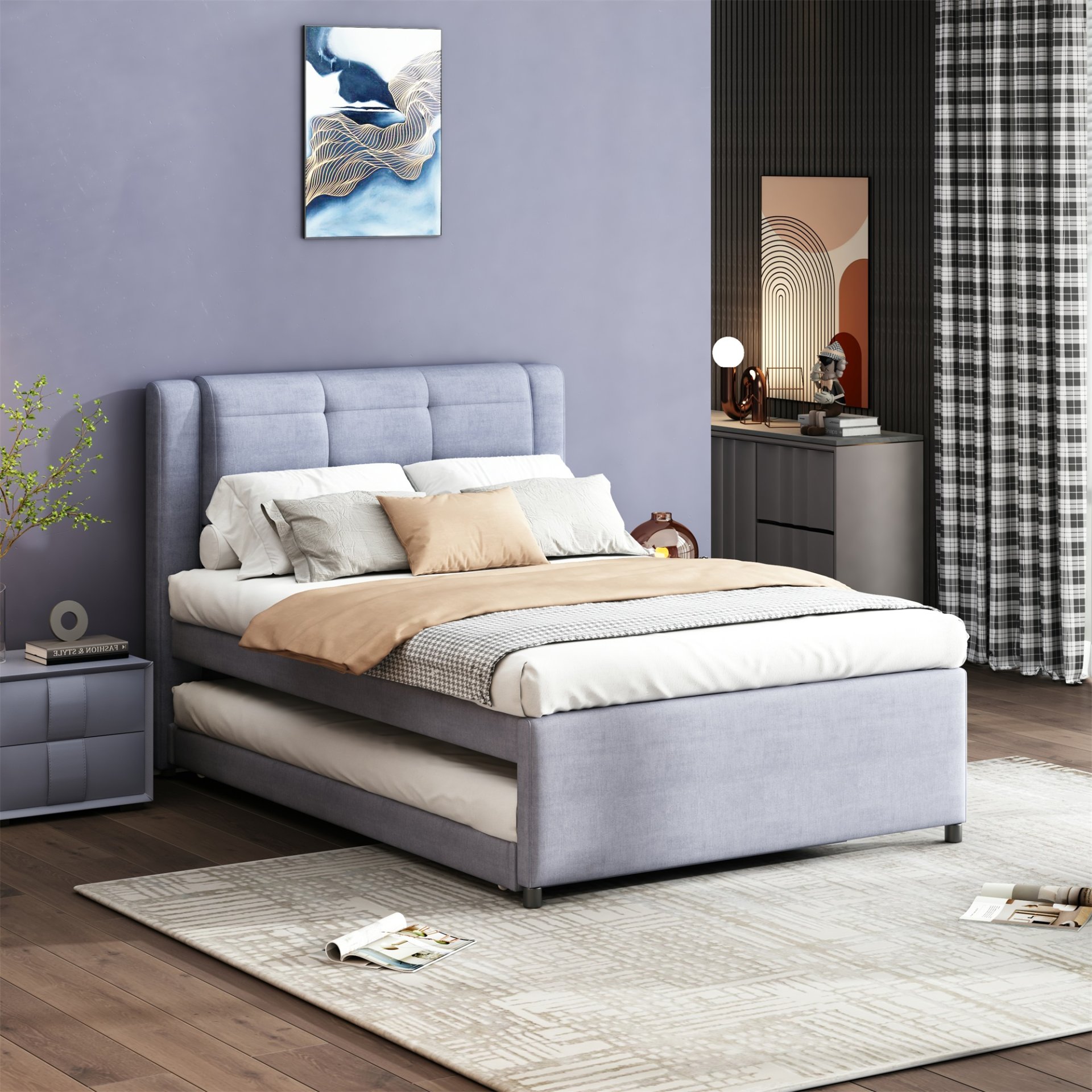 Full Size Upholstery Platform Bed With Trundle,Trundle Can Be Flat Or Erected - Gray - Image 4