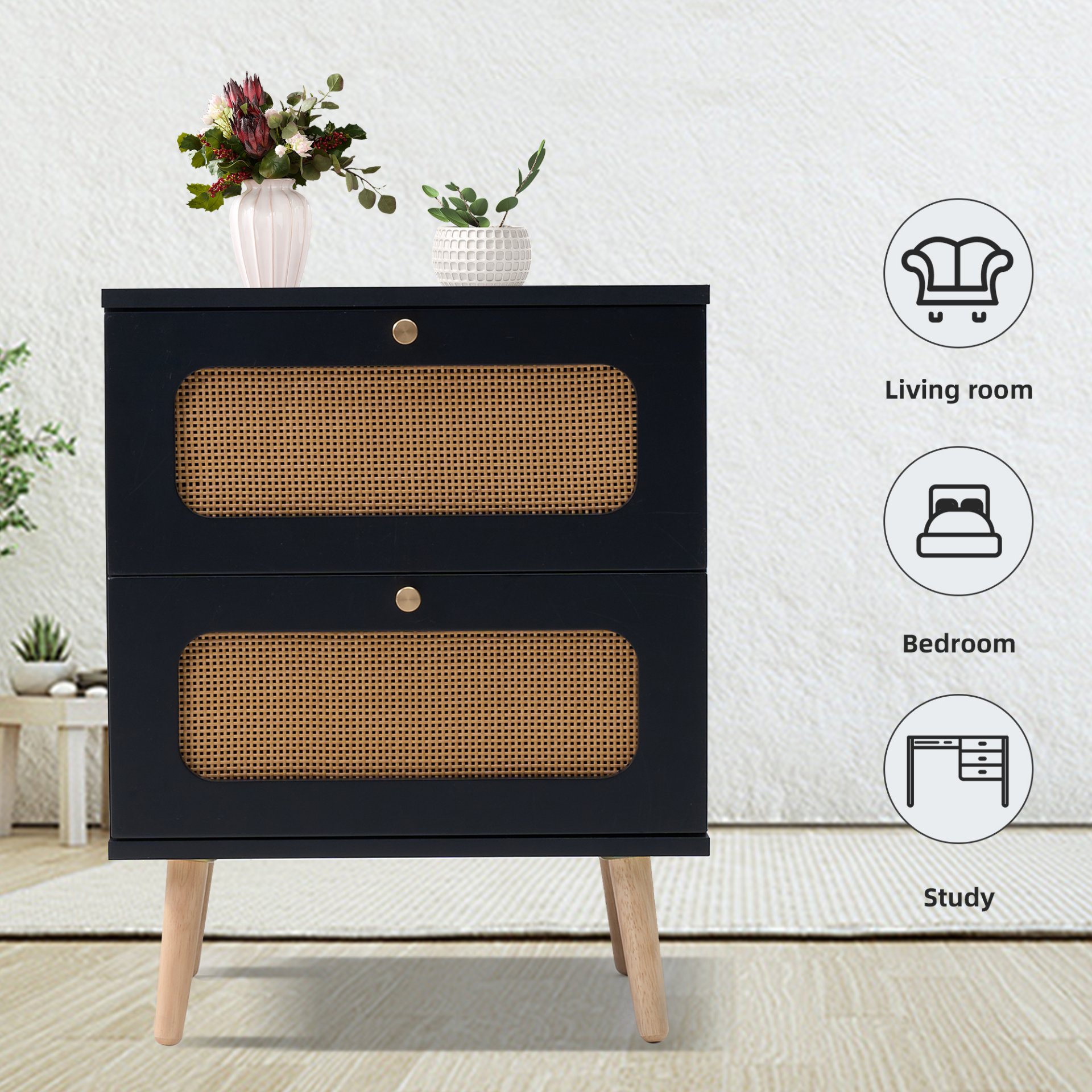 2 Drawer Rattan Nightstand For Bedroom And Living Room, End Table, Side Table With 2 Hand Made Rattan Decorated Drawers - Black - Image 3