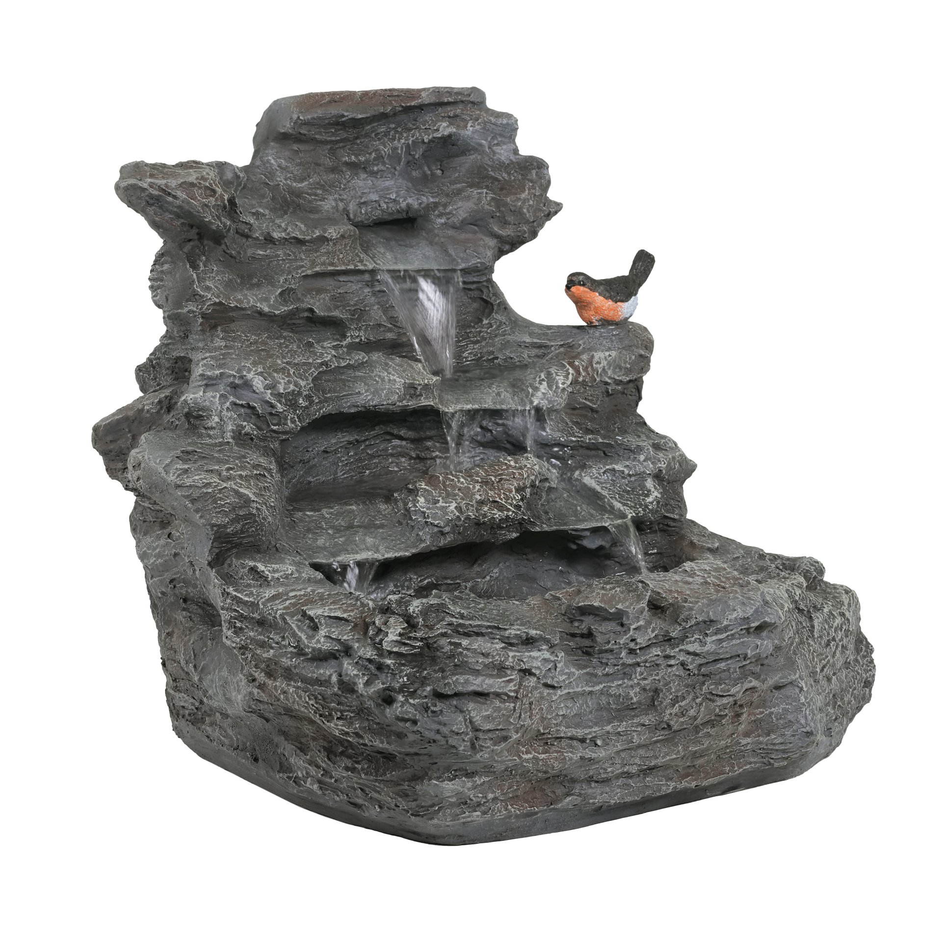 4 Tiered Rock Waterfall Fountain With LED Lights, Outdoor Garden Decor, Weather Resistant - Gray - Image 5