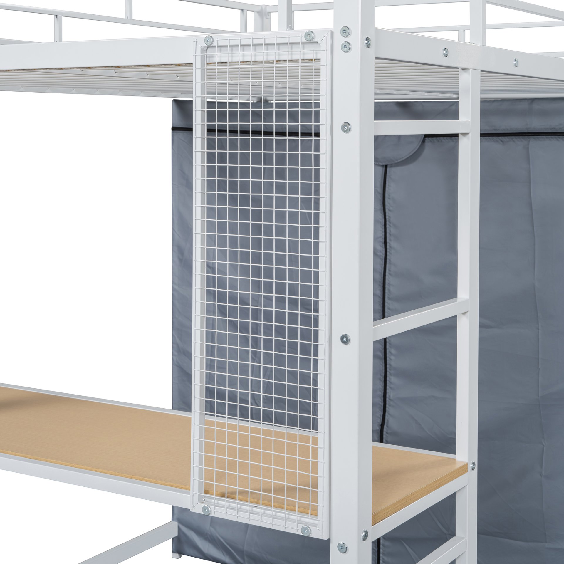 Full Size Loft Bed With Desk, Shelves, Power Outlet, LED Light And Wardrobe - White - Image 9