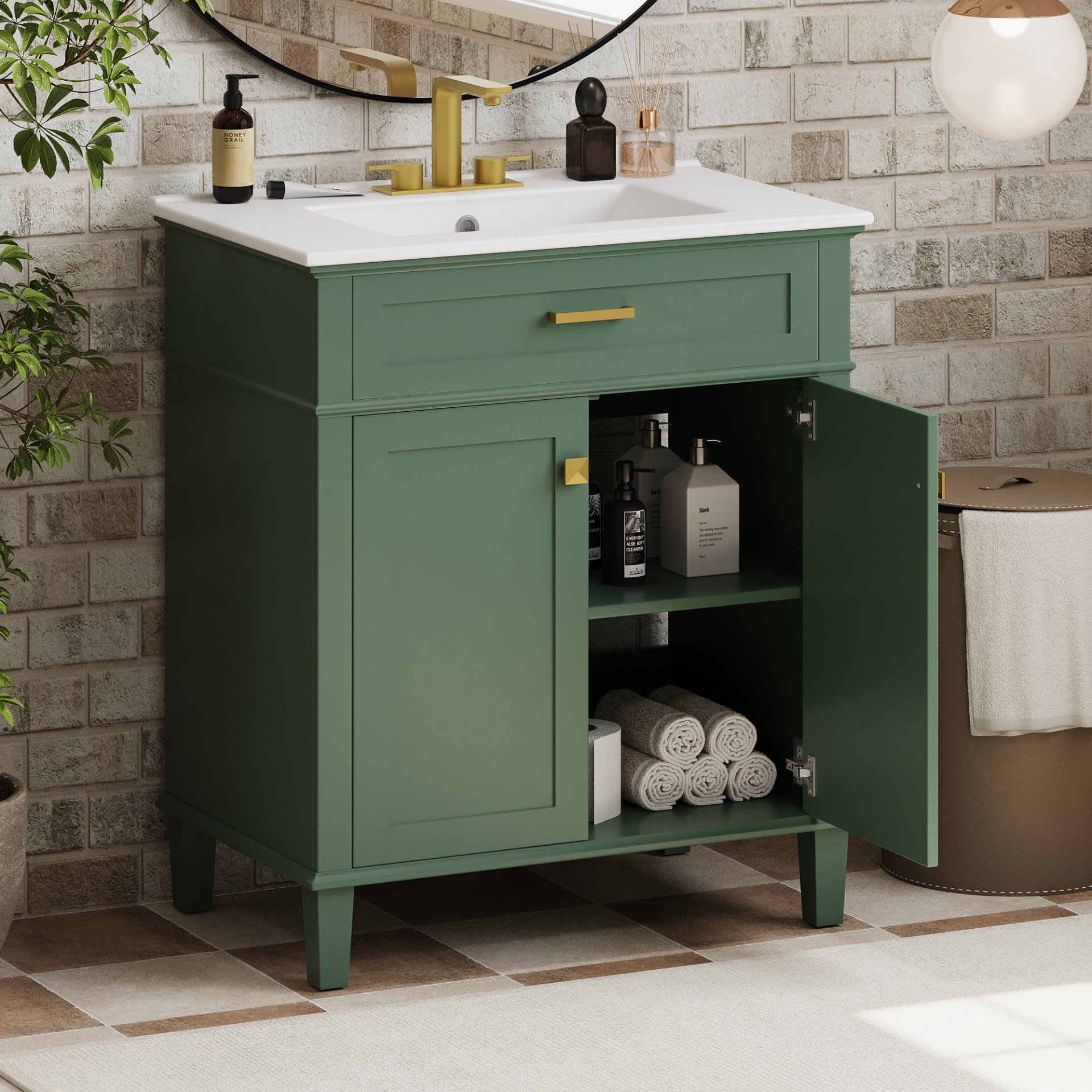 Bathroom Vanity With Ceramic Basin, Soft Close Door And Adjustable Shelves - Green - Image 6