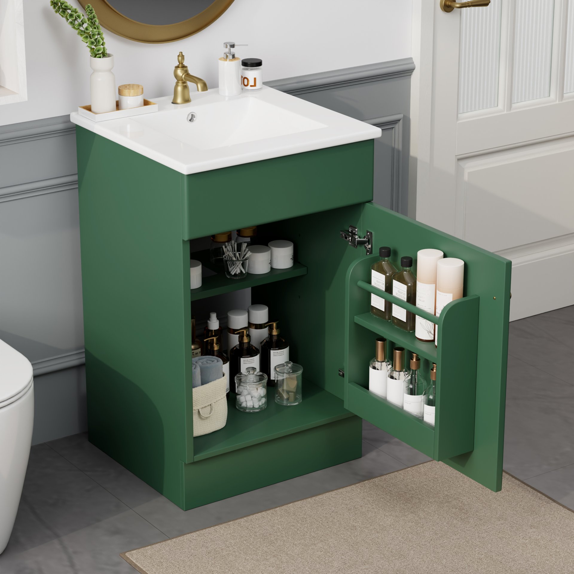 20" Bathroom Vanity With Sink, Freestanding Cabinet With Door Shelf And Adjustable Shelf, And Ceramic Construction - Green - Image 2
