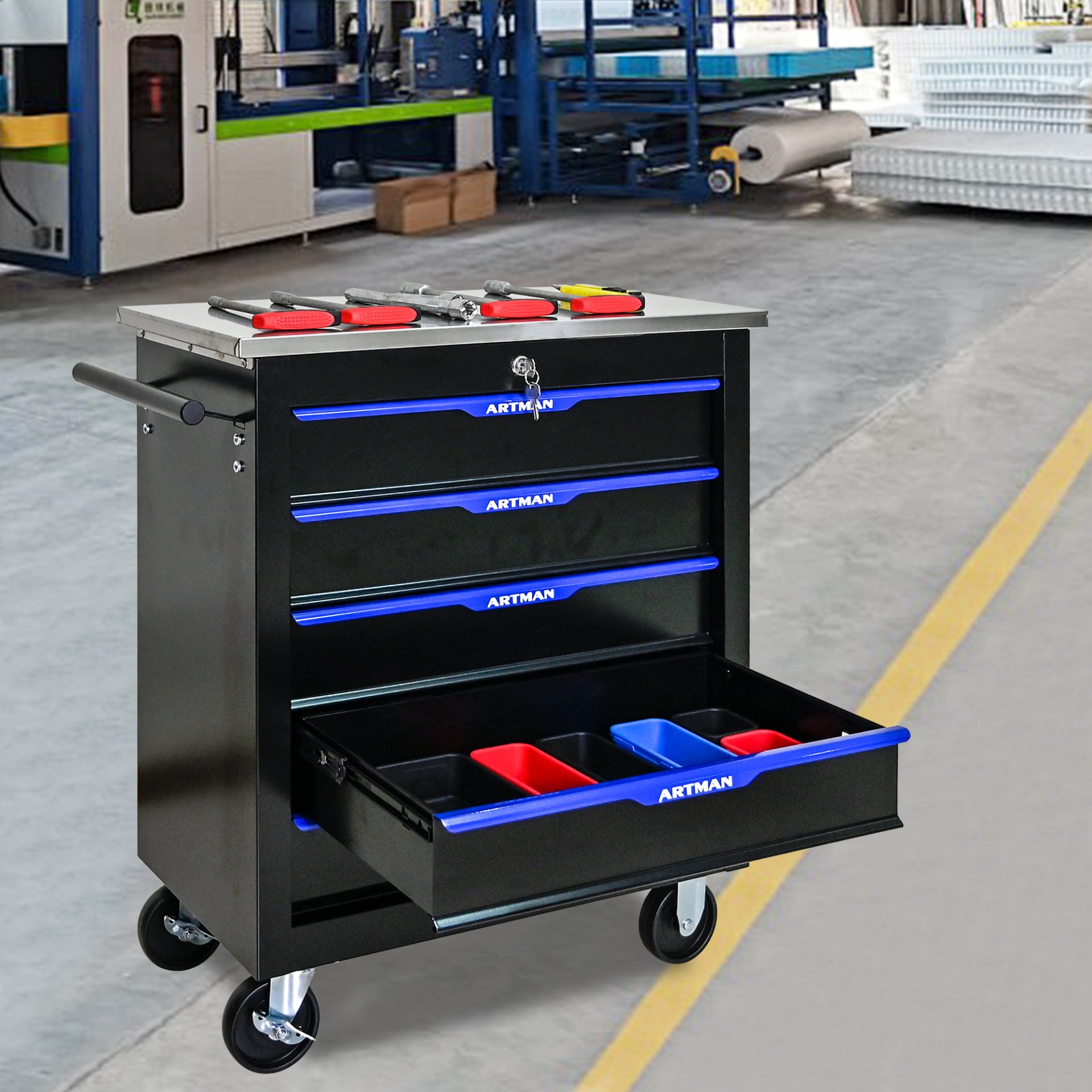 5 Drawer Multifunctional Tool Cart With Wheels - Black / Blue - Image 3
