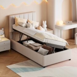 Twin Size Upholstered Platform Bed With A Hydraulic Storage System - Beige