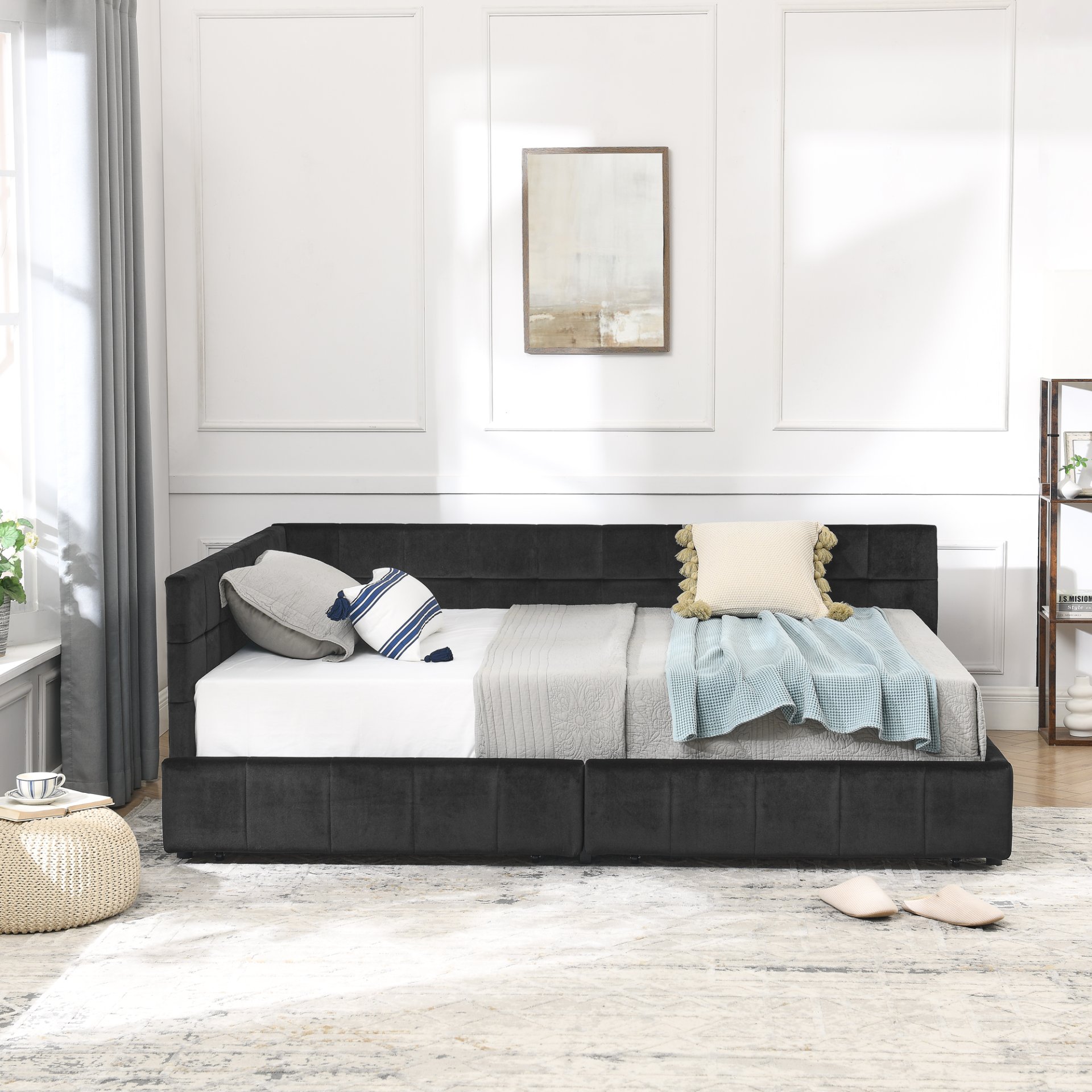 Mid Century Velvet Upholstered Tufted Full Size Storage Bed Frame With Backrest And Armrests - Black - Image 6