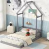 Full Roof Framed Headboard Floor Bed With Headboard Guardrails, Without Slats - Gray - Image 11