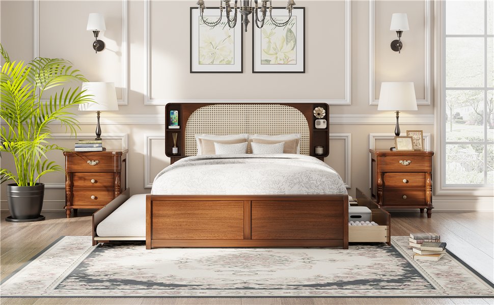 Queen Size Headboard Bed With 2 Drawers And Trundle Walnut - Image 14