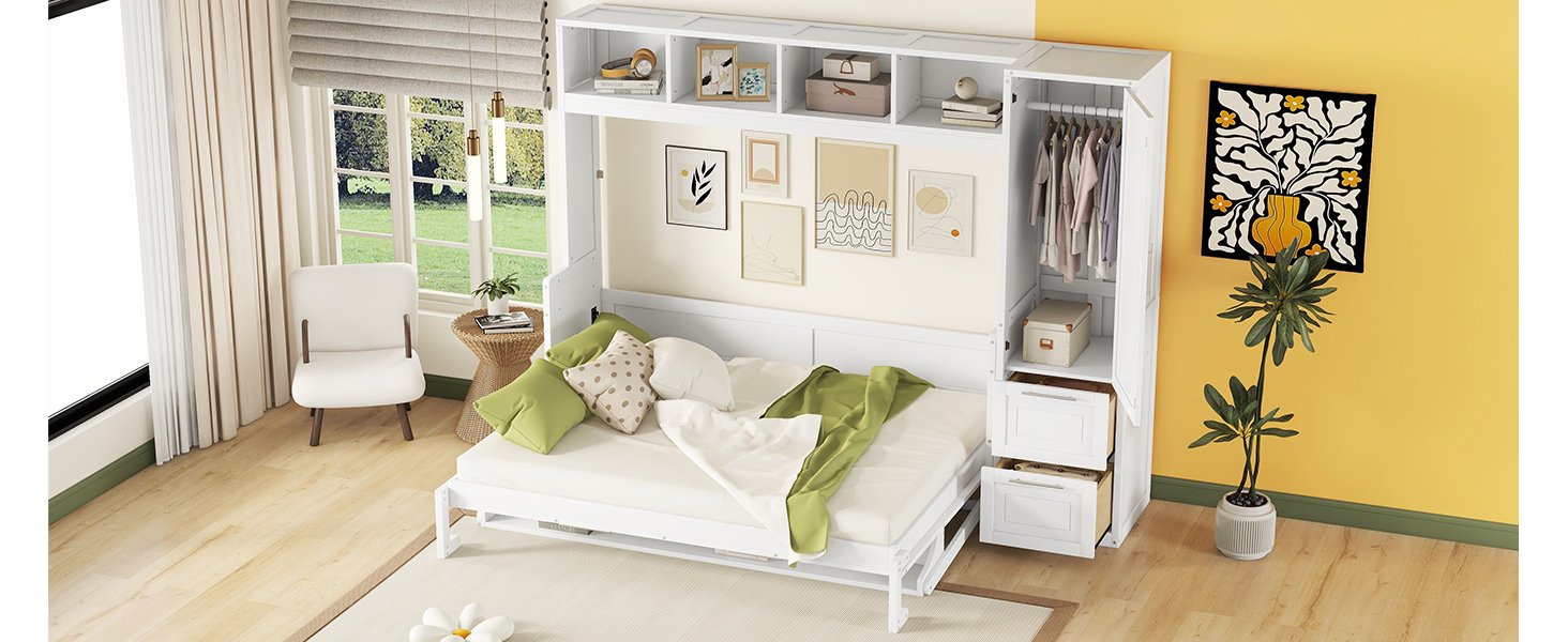Queen Size Murphy Wall Bed With Closet And Drawers - White - Image 21