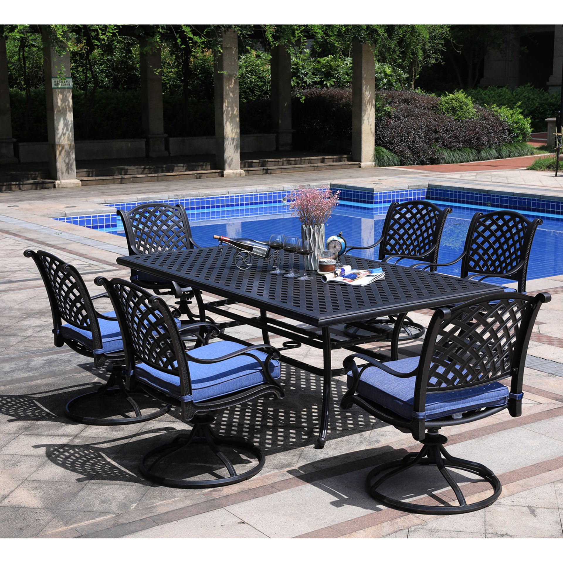 Rectangular 6 Person 85.83" Long Aluminum Dining Set With Navy Blue Cushions - Antique Navy Blue - Image 3
