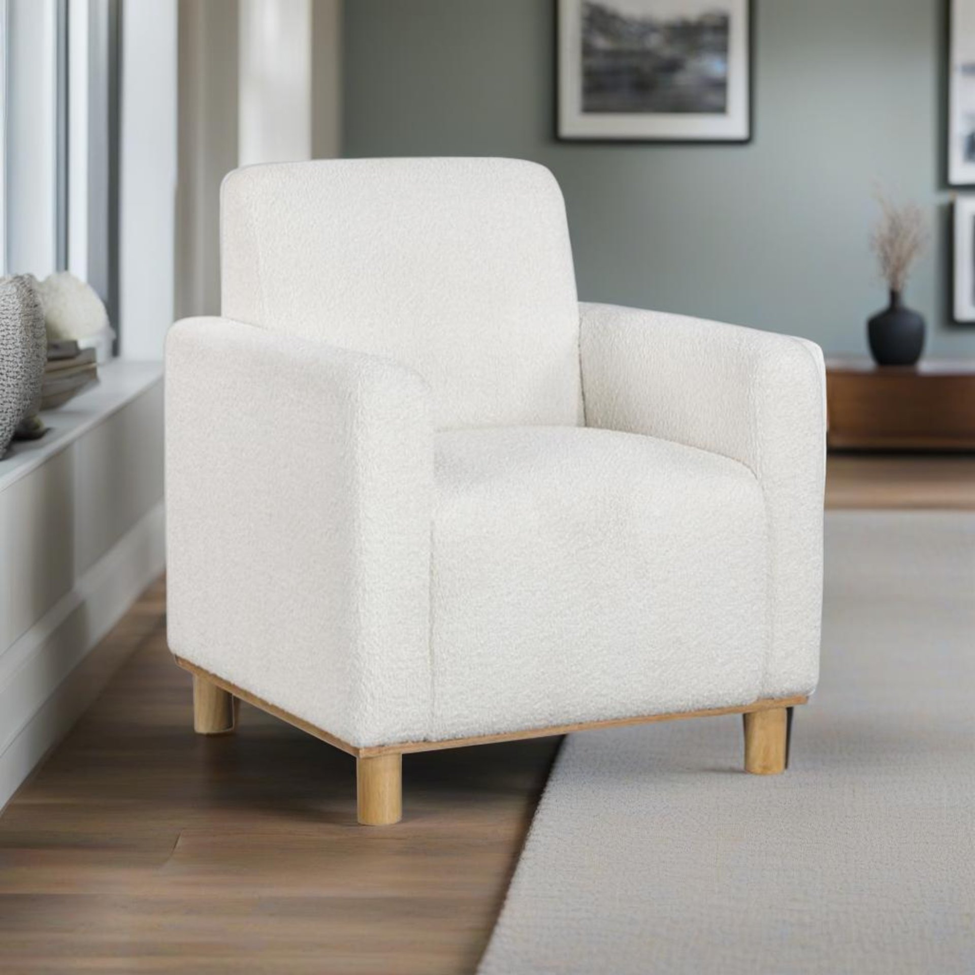 Mason - Boucle Fabric Arm Chair With Wooden Legs - White - Image 2