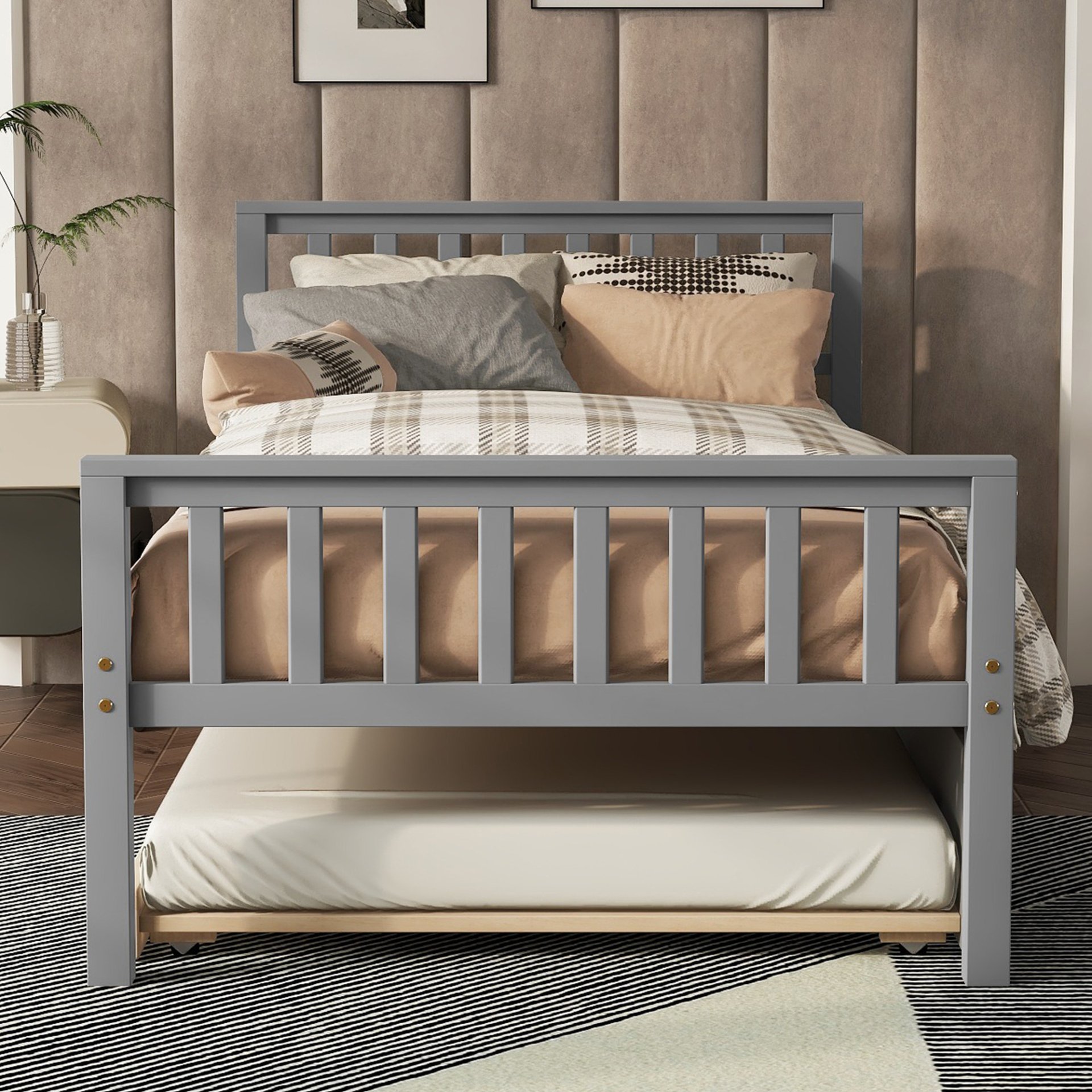 Twin Bed With Trundle, Platform Bed Frame With Headboard And Footboard, For Bedroom Small Living Space, No Box Spring Needed - Gray - Image 3