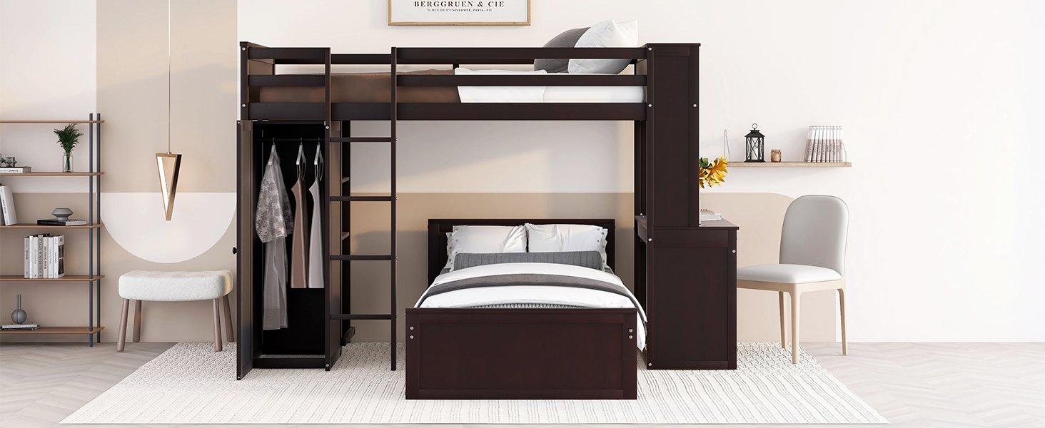Twin Size Loft Bed With A Stand Alone Bed, Shelves, Desk, And Wardrobe - Espresso - Image 20