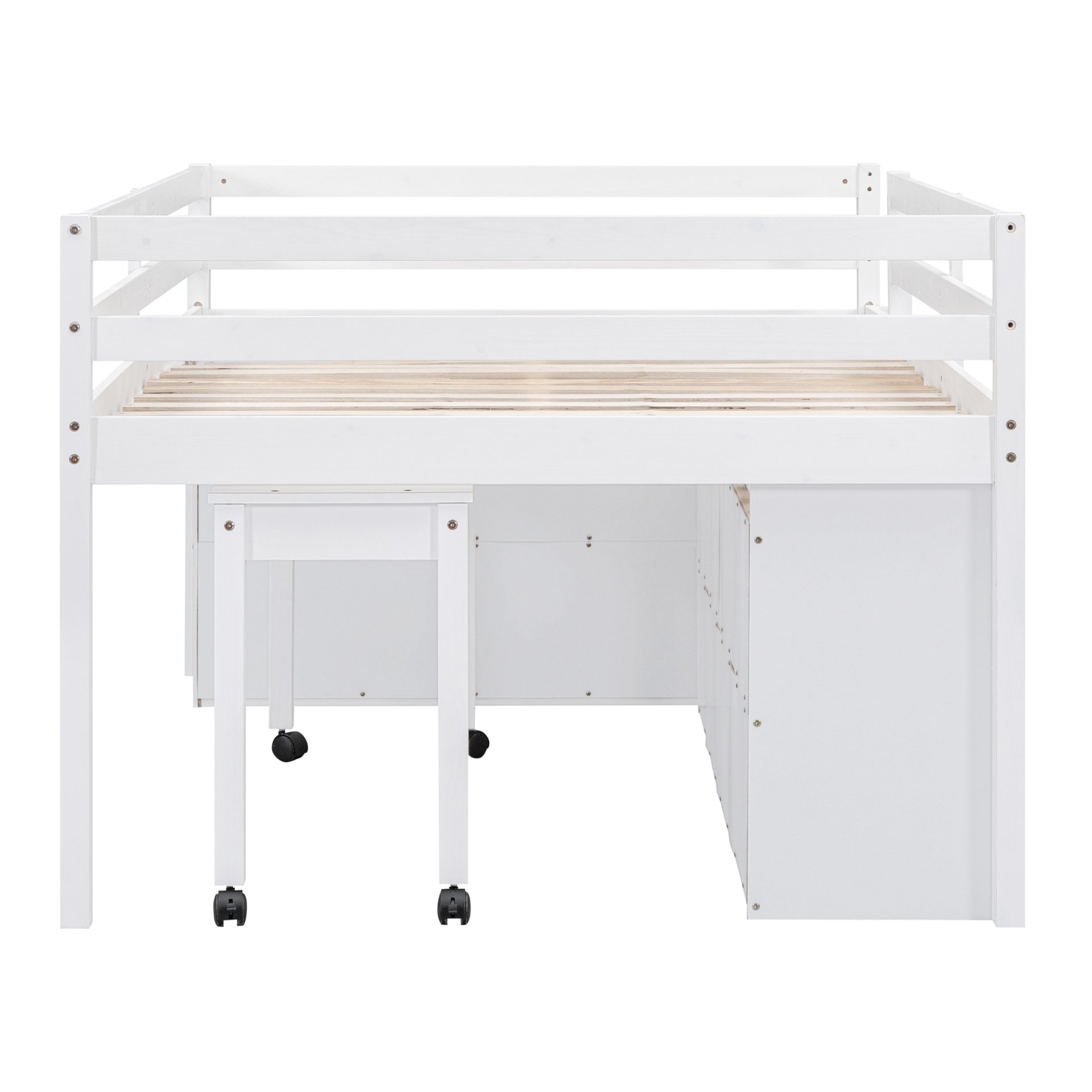 Full Size Loft Bed With Retractable Writing Desk And 4 Drawers, With Lateral Portable Desk And Shelves - White - Image 9
