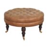 Buffalo - Leather Round Ottoman With Castor Legs - Brown - Image 4