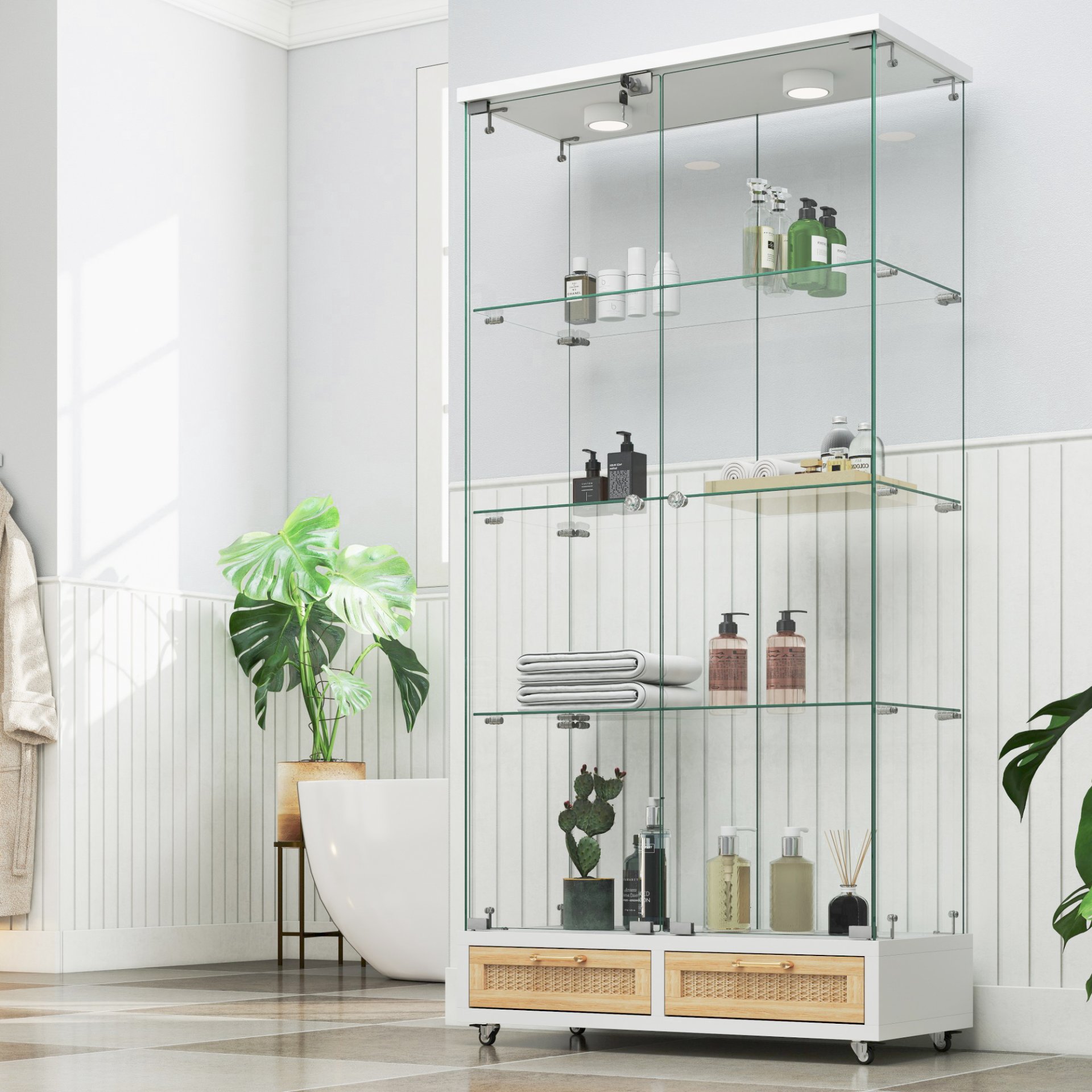 Glass Display Cabinet With LED Lights, Tempered Glass Doors, Large Drawers, 2 Door Storage Case With 4 Shelves - Natural / White - Image 4