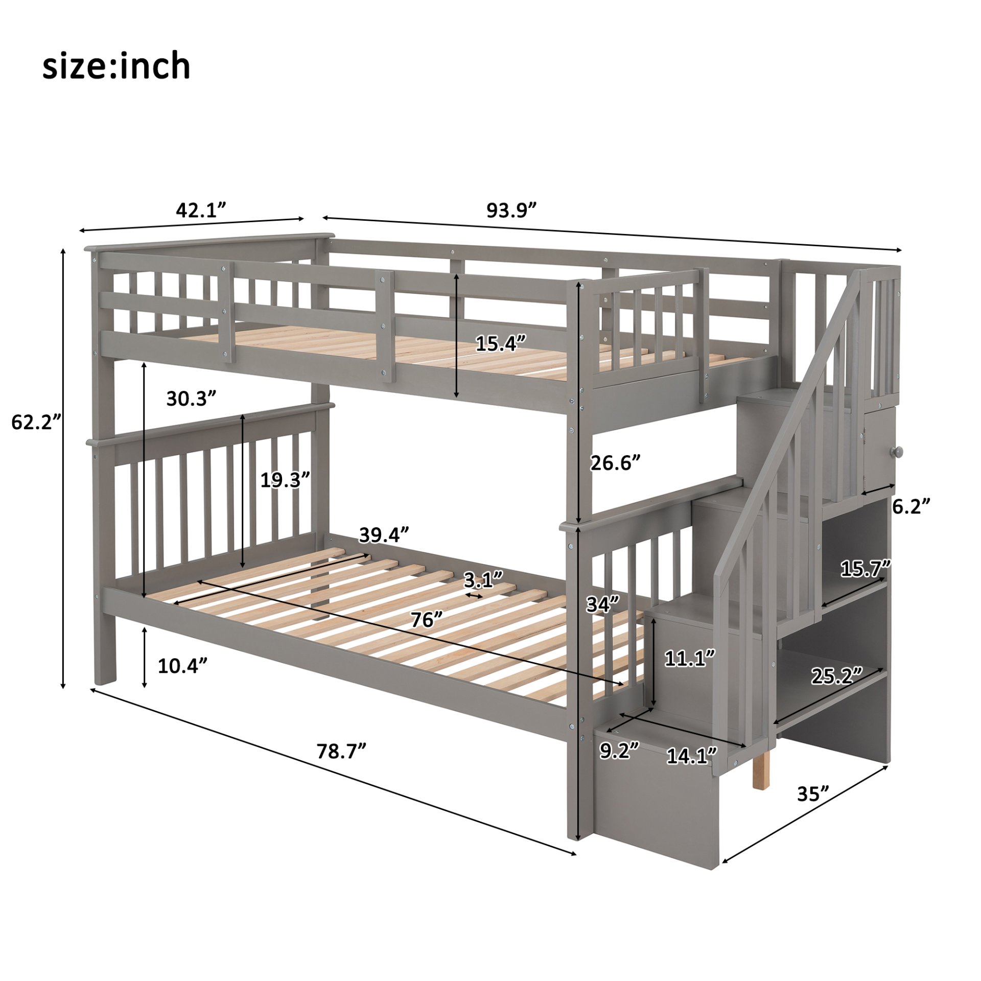 Stairway Twin Over Twin Bunk Bed With Storage And Guard Rail For Bedroom - Gray - Image 3