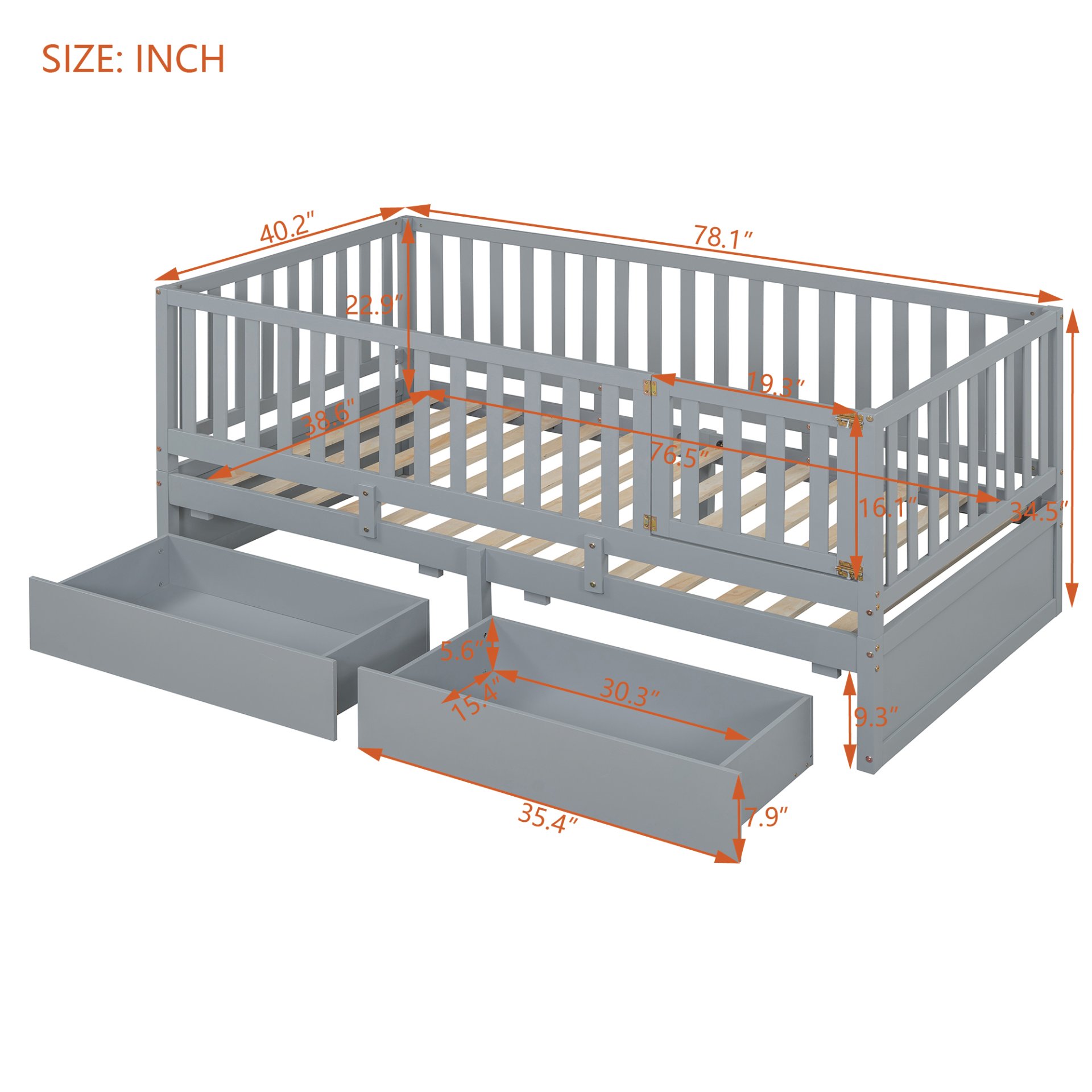Twin Size Daybed With Fence Guardrails And 2 Drawers, Split Into Independent Floor Bed & Daybed - Gray - Image 3