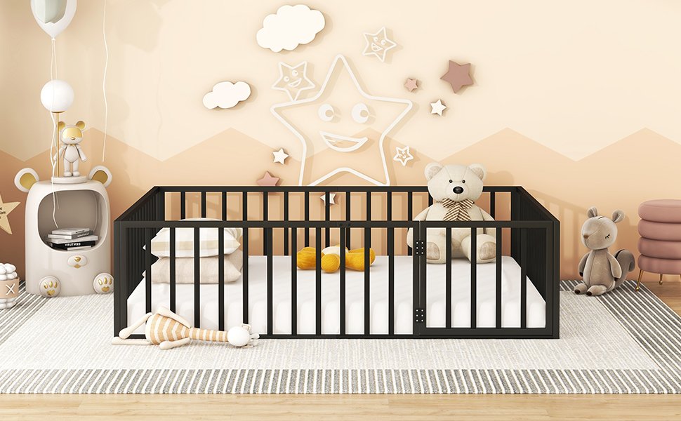 Queen Size Floor Bed Frame With Fence And Door - Black - Image 13