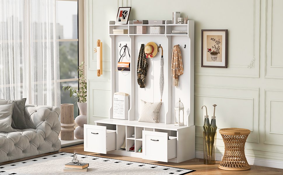 5 In 1 Entryway Bench With Coat Rack, 7 Sturdy Hooks, 2 Spacious Drawers And Adjustable Shelves, Wide Hall Tree With Metal Handles For Hallway - White - Image 6