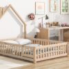 Full House-Shaped Headboard Floor Bed With Fence - Natural - Image 6