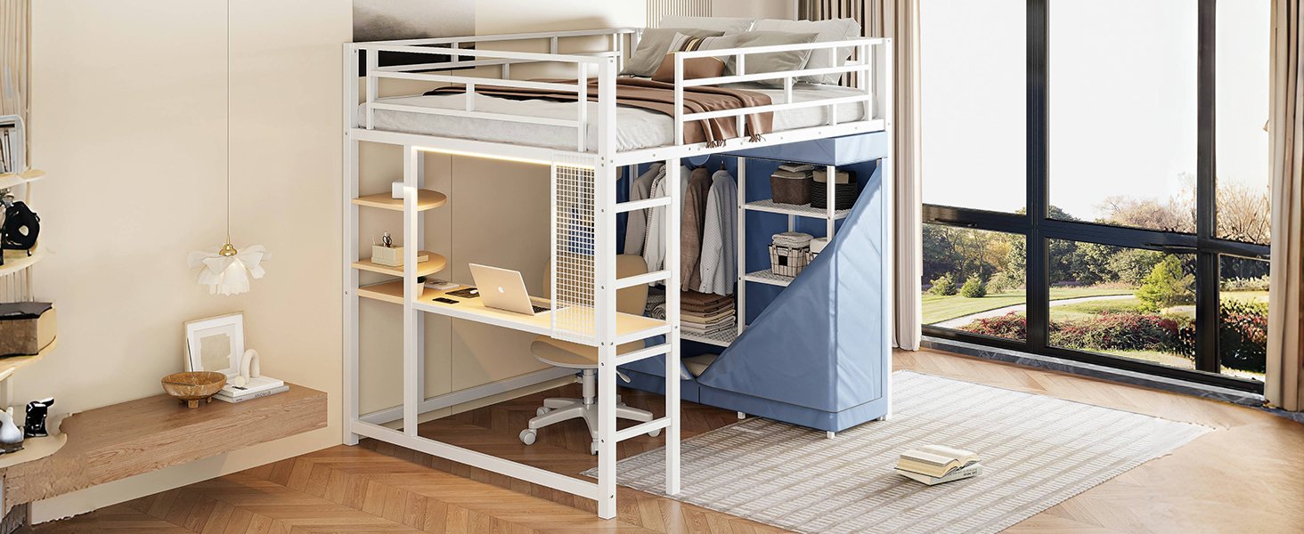 Full Size Loft Bed With Desk, Shelves, Power Outlet, LED Light And Wardrobe - White - Image 27