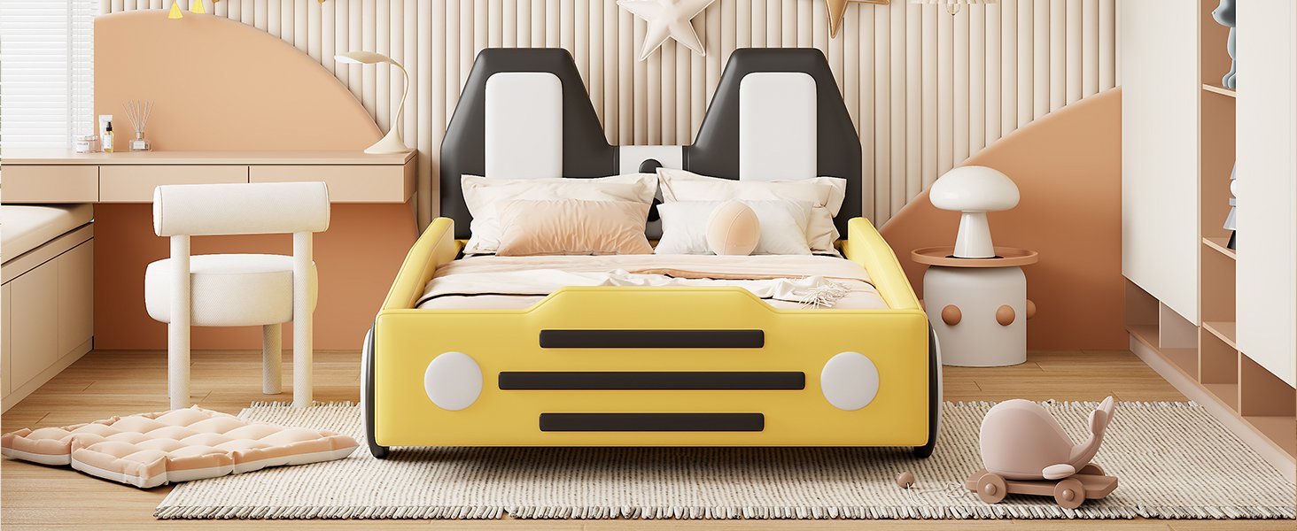 Twin Size Race Car Shaped Platform Bed With Wheels - Yellow - Image 14