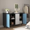 Modern Sideboard Buffet Cabinet With Doors And Unique Panel Styling - Black / Blue - Image 7