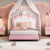 Twin Size Upholstered Princess Bed With Crown Headboard, Twin Size Platform Bed With Headboard And Footboard - White / Pink - Image 10