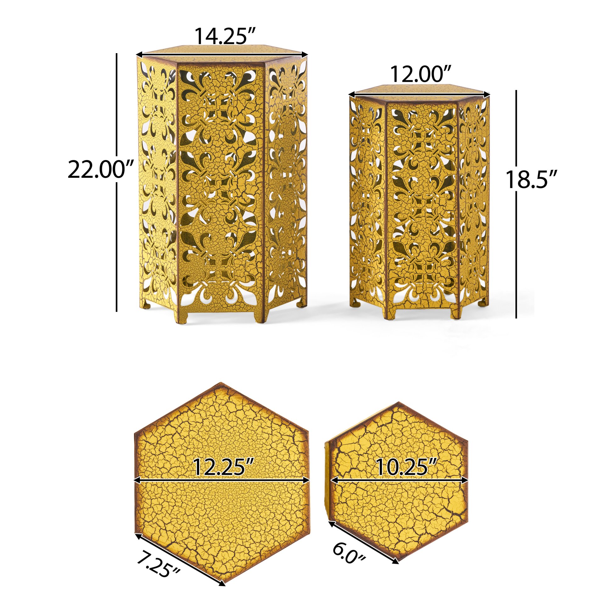 Outdoor Hexagonal Accent Table Set With Charming Fleur De Lis Panel Sides - Antique Yellow - Image 3