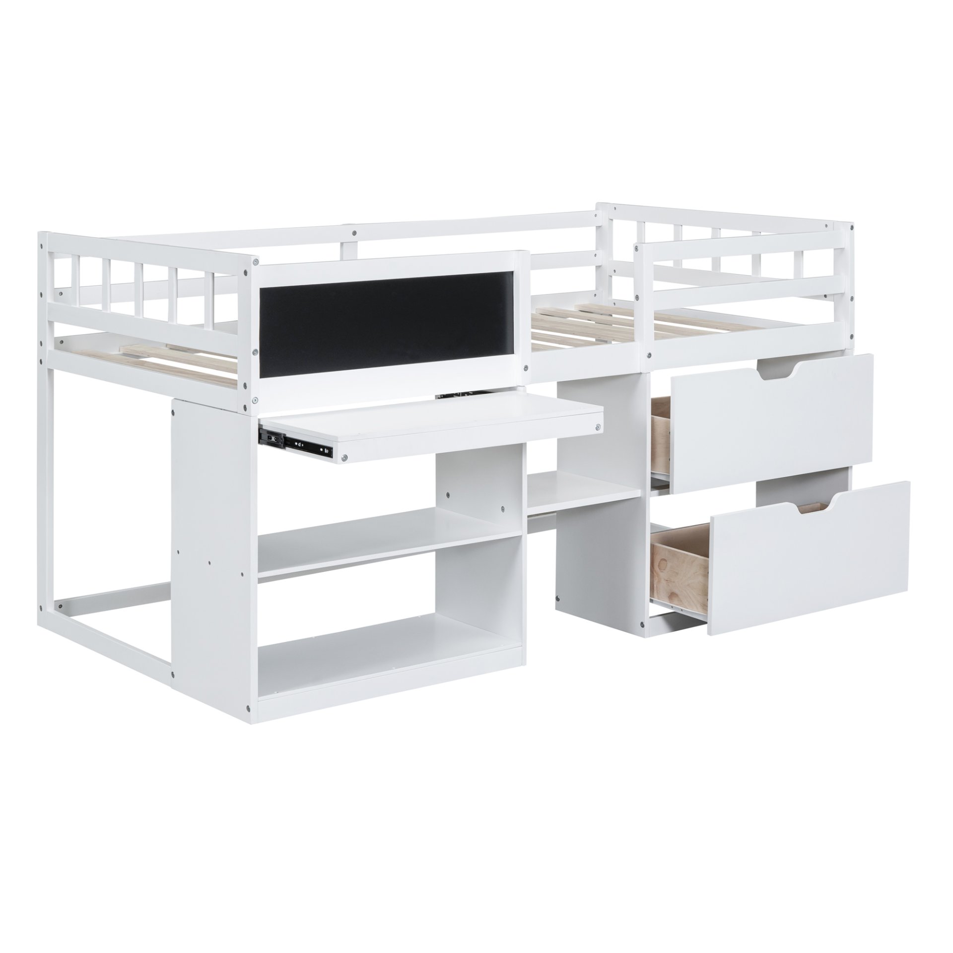 Twin Size Low Loft Bed With Rolling Desk, Shelf And Drawers - White - Image 4