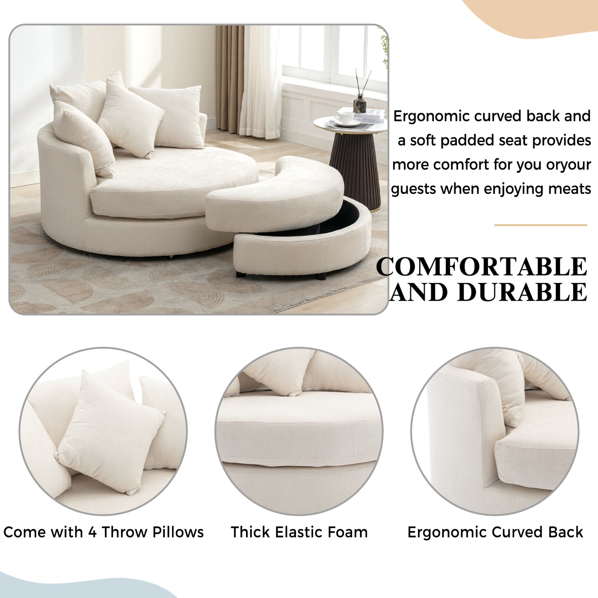 360° Swivel Accent Barrel Chair With Storage Ottoman & 4 Pillows, Modern Chenille Leisure Chair Round Accent For Living Room - Cream - Image 4